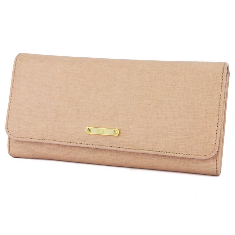 Authentic FENDI Purse logo plate pink beige leather Auth used